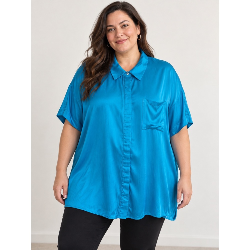 Lane Bryant Blue Satin Viscose Short Sleeve Button Down Shirt Plus Size 26